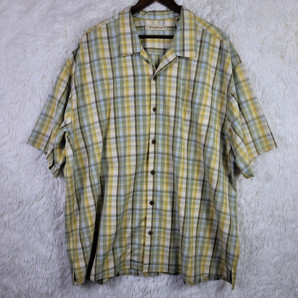 Tommy Bahama Camp Shirt Men 2XL Plaid Multi Check Silk Short Sleeve Resort